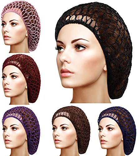 Geyoga 6 Pieces Hair Net Snoods for Women Sleeping Mesh Soft Rayon Knit Crochet Hairnet Long Short Curls Hair Cover Accessory (Black, Wine Red, Light Brown, Pink, Purple, Navy Blue)
