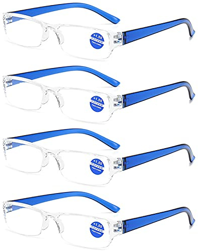 KoKoBin Lot de 4 paires de lunettes de lecture demi-vue ultra légères avec filtre à lumière bleue pour homme et femme + 1,5