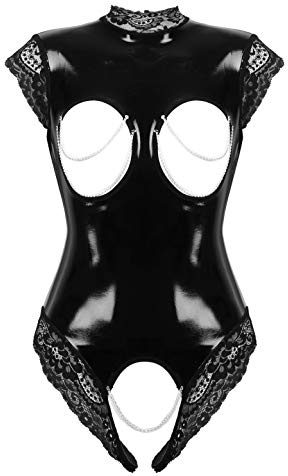 Mufeng Women's Cut Out Wet Look Leather with Metal Chains Leotard Lace Trimmed Bodysuit Nightwear Black 4XL