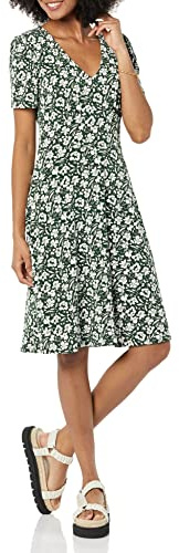 Amazon Essentials Robe Cintrée Et Évasée À Manches Courtes Et Col en V Femme, Vert Foncé Fleuri, XXL
