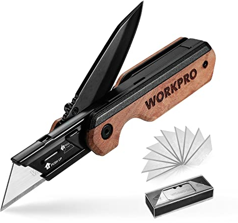 WORKPRO 2-IN-1 Taschenmesser klappbares Universalmesser, Klappmesser aus Aluminium, Faltbares Cuttermesser mit Holzgriff & Gürtelclip, Liner Lock, Schnellwechseln, inkl. 10 zusätzlichen Klingen