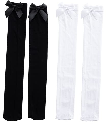 IRYNA 2 Pairs Knee High Socks Thigh High Stockings,Black and White Knee High Bow Socks Women's Knee-High Socks Frilly Ribbons Bow Long Socks for Women Over The Knee