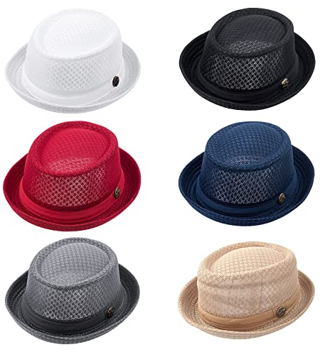 ZffXH Trilby Mesh Pork Pie Hut Sommer Stroh Fedora Cap Bowler Flat Top Sonnenhut für Männer Frauen 6 Stück