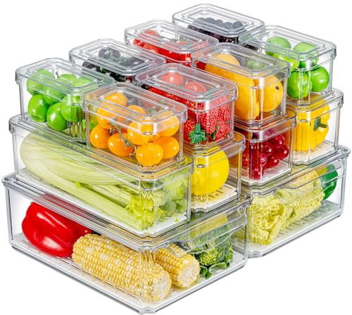 KUMD 14 Stück kühlschrank organizer, stapelbare Kühlschrank Organizer und Aufbewahrung mit Deckel, BPA-frei, Kühlschrank-Organizer für Küche, Obst, Gemüse, Lebensmittel, transparent