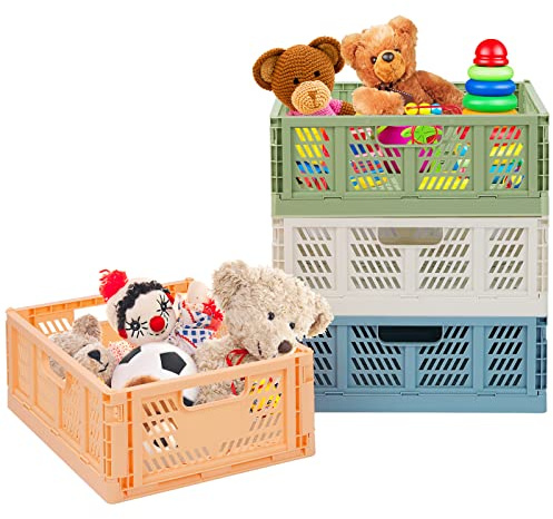 Bossjoy 4 Pack Plastic Storage Crates Foldable Shelf Storage Basket Bins for Food Fruit Vegetables Snacks Toys Toiletries, Home Kitchen Office Storage Box Pantry Organization Cabinet Organizer