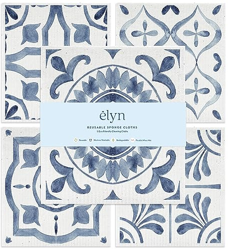 ELYN Swedish Dishcloths, Reusable & Washable Sponge Cloths, Absorbent Cleaning Paper Towels for Kitchen, Dishes, Counters and More, 5 Pack, Assorted Moroccan Pattern