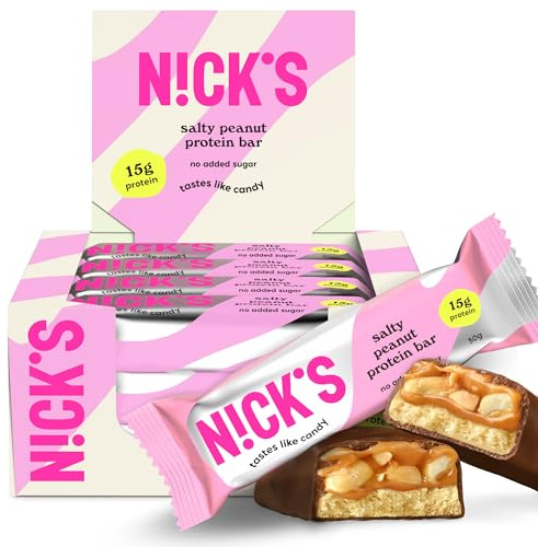 NICKS Barritas de Proteínas Cacahuetes salados, baja en carbohidratos, 15g de proteínas, 203 calorías, low carb, ceto barras proteicas, sin azúcar añadido, sin gluten (12 keto protein bars x 50g)