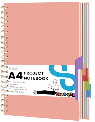 Koogel Projekt-Notizbuch, A4-Notizbuch mit Trennblättern, Hardcover, liniert, 5 Fächer, Notizbuch für Schule, Büro, Rosa