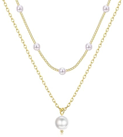 Dochais Perlen Kette für Damen, 14K Vergoldete Halskette Geschichtete Süßwasser Perlenketten, Trendige, einfache Fischgrätenkette, Perlenkette für Damen und Mädchen Schmuck Geschenke