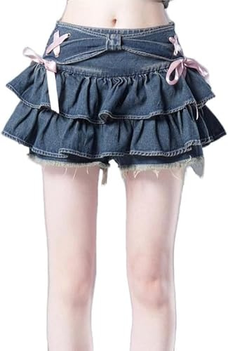 LLECDASEUI Y2K kvinnor fluga volang fåll blå jeans veckad sexig minikjol hög midja A linje Kawaii kakkjolar, BLÅ, M