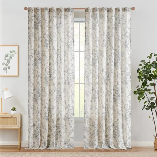 TOPICK Floral Gardinen Leinenoptik Vorhänge 2er Set H245xB140 Grau Beige | Lichtdurchlässig Gardinen Wohnzimmer boho landhausstil blickdicht Vorhänge Schlafzimmer mit Tunnel und verdeckten schlaufen