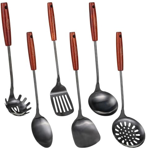 FJNATINH Wok Kelle,Wok Spatel,SchaumlöFfel,Schlitz Spatel und Reislöffel, Wok Utensils Hohe Qualität Edelstahl KüChenhelfer Set,SpüLmaschinenfest,36,2-38,1 Cm,6 PCS