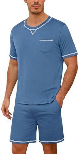 Demegimi Herren Schlafanzug Kurz Shorty Pyjama Baumwolle T-Shirt Sommer Pyjama Set Loungewear für Männer Schlafanzug Herren Kurz Pyjama Set Baumwolle Shorty Nachtwäsche