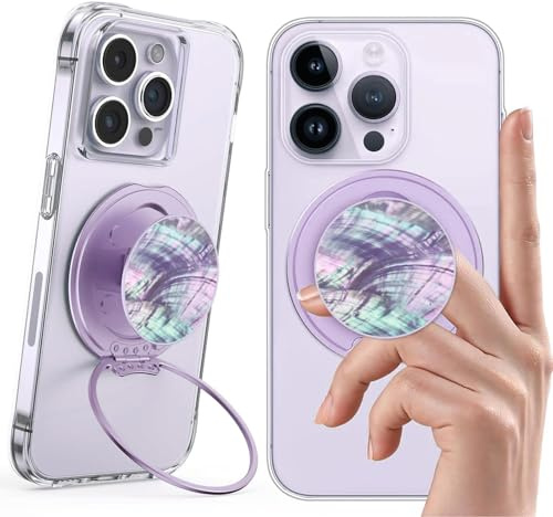 Plehood Magnetic Phone Ring Grip，Ultra Thin Phone Kickstand with Finger Loop Strap, Lightweight Phone Ring Holder for Mag Safe iPhone 16/15/14/13/12 Series (Purple Shell)