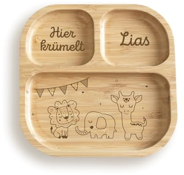 hellomini Personalisierter Babyteller mit Saugnapf – Individueller Kinderteller aus hochwertigem Bambusholz – Geschenk zur Geburt & Taufe – BPA-frei (Safari, Teller+Besteck(rosa))