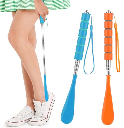 AYBUY 2 Pack Shoe Horn, Scalable Long Handled Shoe, 28.5-70.5CM Adjustable Long Shoe Horns, Portable Smooth Plastic Shoe Horn for Men, Women, Seniors, Kids (Orange & Blue)