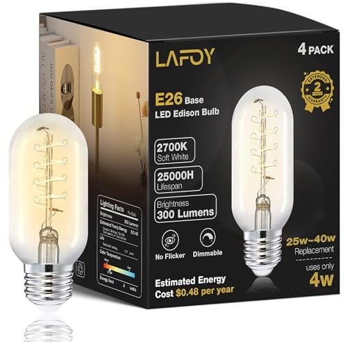 Lafoy LED Edison Bulb 2700K Soft White Dimmable, Vintage Spiral Filament E26 Light Bulbs, T45 Antique Style 25 Watt 40 Watt Equivalent Lightbulbs, 4W Medium Base 300 Lumen 120V, 4 Pack