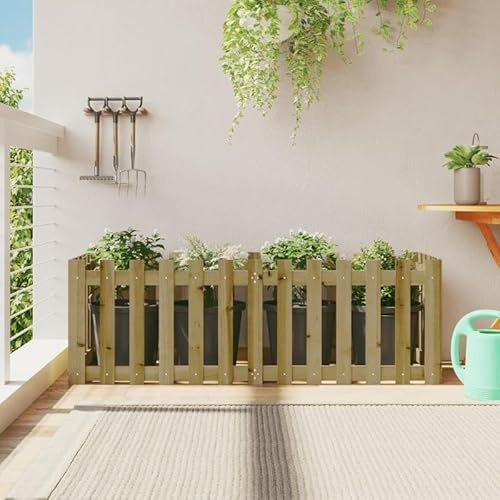 Bancal alto de madera de pino tratado a presión | diseño de valla de listones 150 x 50 x 50 cm | resistente a la intemperie y duradero para jardín, terraza | ideal para cultivo de verduras orgánicas y