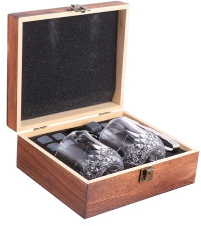 ULTECHNOVO Cubitos De Hielo De Mármol Para Enfriar Whisky Incluye Piedras Para Enfriar Whisky Caja De Madera Para Degustar Casa o Eventos Sociales
