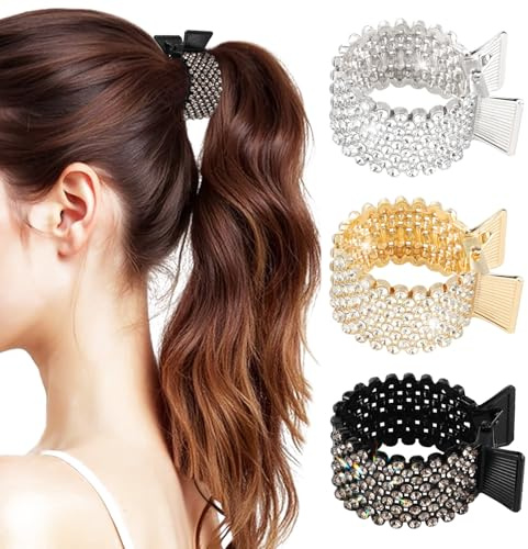Haarspangen Damen Haarklammer Metall 3 Stück Strass Haarspangen Halter Hoher Pferdeschwanz Halter Strass für Dickes und Dünnes Haar bei Arbeit, Party oder Täglichem Einsatz