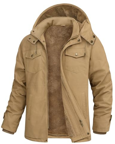 Xnova Giacca Invernale Uomo in Pile Caldo Giubbotto Militare Cargo Cotone con Cappuccio Staccabile Giacca da Lavoro Multitasche Antivento Giubbino Casual Jacket Invernali, Kaki, M