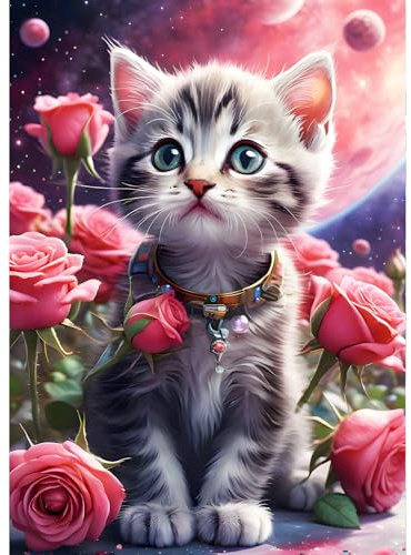 QINRUBB DIY Kätzchen Diamant Painting Bilder Anfänger, 5D Süße Katze Diamond Painting Erwachsene, Runder Vollbohrer Rosen Blumen Diamant Kunst Kits Kreuzstich Home Wand Dekor 30x40 cm