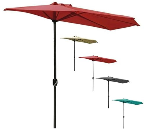 Parasol de marché de 300 cm, demi-rond avec manivelle, 5 baleines, pare-soleil de jardin pour balcon, piscine, terrasse, couleur kaki (rouge, 3 x 1,5 m)