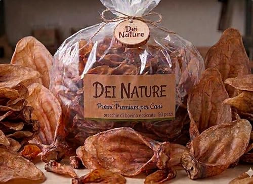 DEI NATURE Dried Cattle Ears - Pack of 50 Units Natural Beef Snack for Dogs, Suitable for Barf Diet