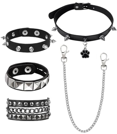 XdealCozyxc 5 Pcs Emo Accessories, Black Punk Rock Studded Bracelet Jean Trouser Chain Studded Collar for Men Women Halloween Party Favors