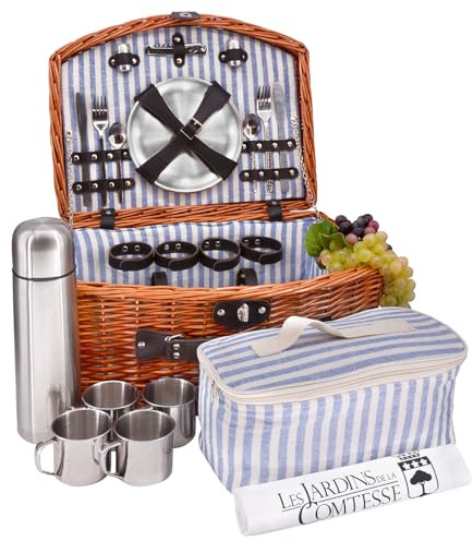 Les Jardins de la Comtesse Rochefort Picknickkorb, Naturweide und Edelstahl, Blau/Weiß, 4000 g, 42 x 29 x 23 cm, 4 Personen mit Kühlfach
