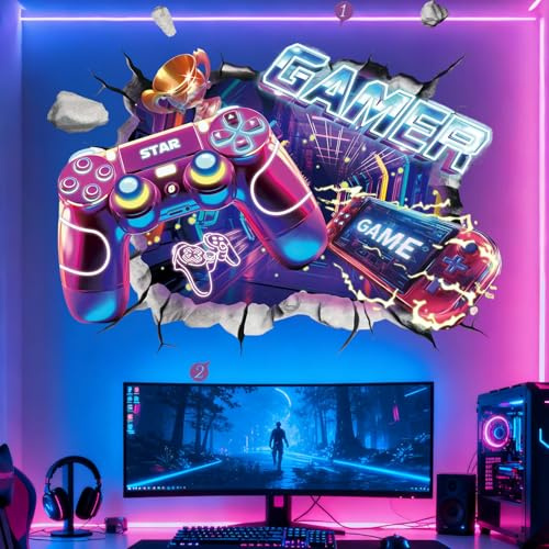 Gaming Wall Stickers, Large 3D 82x57cm, Adhesive Backing Gamer Controller Video Game Joystick Wall Decals, Gaming Room Accessories, Teenagers Boy Bedroom Playroom Wall Decor, 3D Gaming Accessories