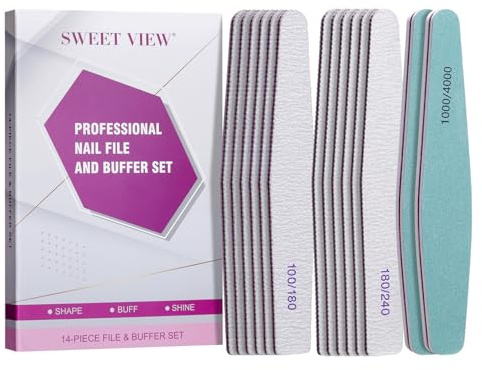 SÖT VIEW 14 st nagelfil och buffertset för naturliga gel- och akrylnaglar | Emery boards och poleringsblock professionellt kit (100/180/240/1000/4000 korn)
