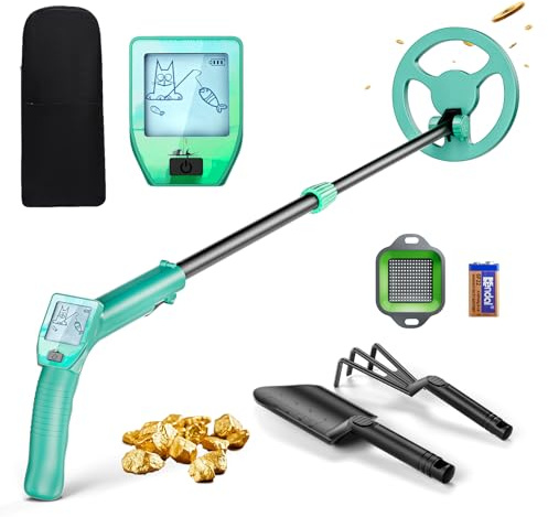 Metalldetektor Kinder, Leichtgewicht Kinder Metalldetektor mit Verstellbarem Stiel 66–83cm, LCD Display und Wasserdichter Suchspule, Metalldetektor für Kinder mit Schaufel Rechen Sieb Tasche, Grün