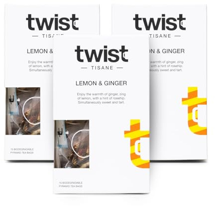 Twist Teas - Lemon & Ginger – 45 Plastic-Free Herbal Teabags | Zesty Lemongrass, Lemon Peel & Warming Ginger Root Infusion | Naturally Caffeine-Free, Sugar-Free - (3 x 15 Pack)