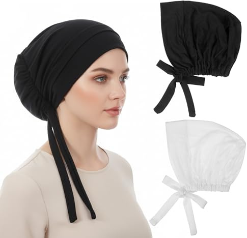2 copricapi in cotone da donna, sotto hijab interno sotto sciarpa cappello turbante con chiusura a lacci, sciarpe per la testa senza lacci, copricapo morbido per cancro, sciarpa morbida per la testa