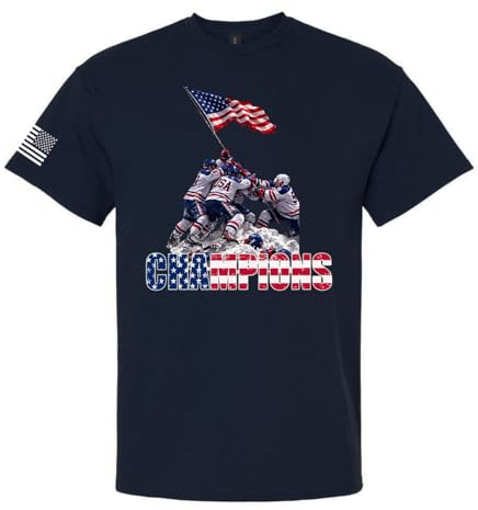 Trenz Shirt Company Men's Graphic T-Shirt - Hockey Champions 2026 USA Players Raising Flag on Ice-Navy-X-Large