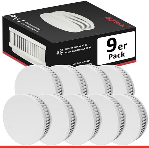 Pyrexx PX-1 Rauchwarnmelder - 9 Stück - 10 Jahre Batterie mit Magnet-Halterung ohne Bohren und LED-Blinken, Zertifiziert nach Q-Label, Weiß