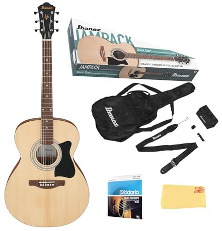 Ibanez IJVC50 JamPack Grand Concert Acoustic Guitar Pack - Open Pore Natural Bundle with Gig Bag, Tuner, Strings, Pouch, Strap, Picks and Austin Bazaar Polishing Cloth