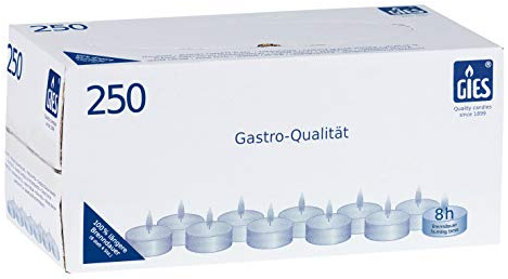 Gies 205-479000-10 Teelichte, Durchmesser 38 mm, in Metallhülsen, 8 Stunden Brenndauer, 250-Er Karton, Weiß