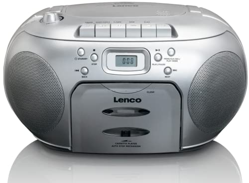 Lenco SCD-420 Silver Tragbares UKW-Radio mit Toplader CD-Spieler und Kassettendeck, LCD Display, Wiederholungsfunktion, Auto-Stopp, Kopfhöreranschluss, Default