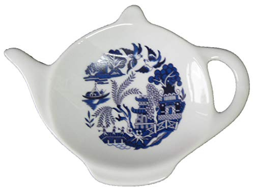 Blue Willow Porcelain Teabag Tidy. Teapot Shaped Teabag Tidy with Willow Pattern