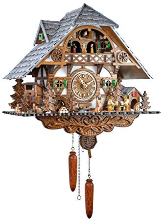 Eble Kuckucksuhr Kuckuckuhr Echtholz NEU batteriebetriebenes Quartzwerk Musik Kuckuckruf Biertrinker Schwarzwaldhaus 45cm- 26321