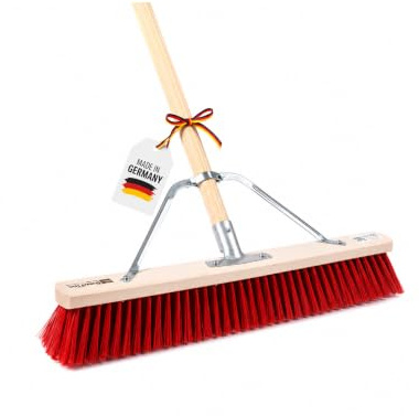 Profi Besen Straßenbesen 100cm mit Stiel 140cm Holzstiel rote Borsten Stabi | Spezieller Stielstabilisator/Zusatzhalterung, Besenstiel Ø28mm, Robuste Dichte Kunststoff-Borsten