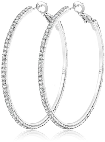 Large Rhinestone Hoop Earrings 925 Sterling Silver Post Cubic Zirconia Hoop Earrings Thin Rhinestones Round Hoop Earrings for Women Silver Hoop Earrings Sparkly Hoop Earrings with Crystals for Womens