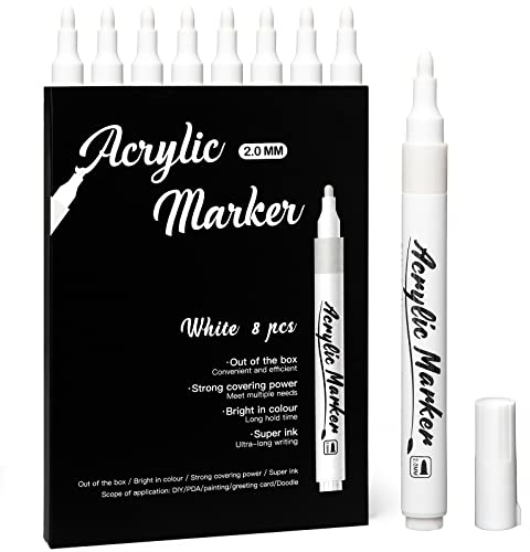 Mzh Art White Markers Pen, 8 Pack Paint Pens, Fine Tip Acryl White Permanent Markers für schwarzes Papier, Skizzieren, Zeichnen, Holz, Felsen, Reifen, Plastik, Leder, Glasses