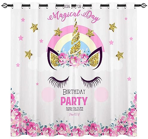 YUANZU Einhorn Vorhänge Mädchen Wimpern Geschlossene Augen Ösen Gardinen Blickdichte Vorhang Kälteschutz Blackout Curtain Mädchenzimmer Schlafzimmer Verdunkelung Fenster, 2 Stück, H 260 x B 140 cm
