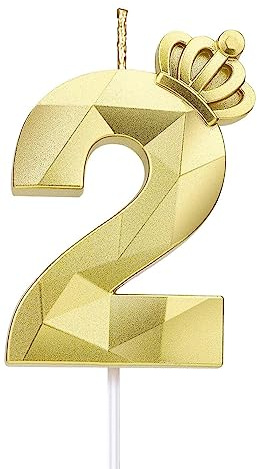 Vela número 2, vela grande de feliz cumpleaños de 7,6 cm con exquisita corona 3D diseñada para decoración de tartas para bodas, aniversarios, cumpleaños,reuniones,fiestas temáticas,celebración (Oro-2)