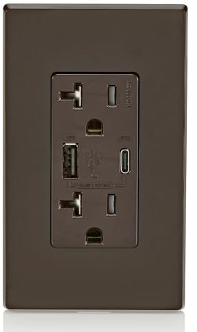 Leviton T5834-B 60 W (20 V a 2,5 A+ 5 V a 2 A) USB Dual Type A/Type-C Power Delivery Cargador en pared con salida de 20 A resistente a manipulaciones, cargador USB para smartphones, tabletas
