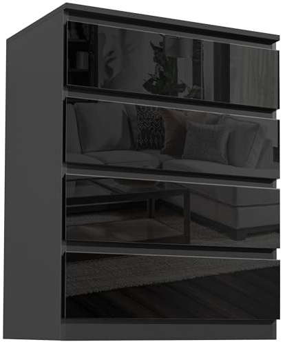 High Gloss Chest of Drawers, 4 Drawer Bedroom Chest of Drawers MDF Chest of Draws Bedside Table Storage Cabinet for Bedroom Living Room Office Hallway Furniture, Black, 70W x 40D x 95.5Hcm