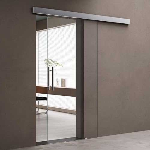 doporro Glasschiebetür Komplettset 102,5x205cm Zimmertür ESG-Glas Klarglas | Schiebetür mit Stangengriff | 15mm Wandabstand | Edelstahl Türgriff | Aluminium Abdeckblende | Amalfi-plus 20